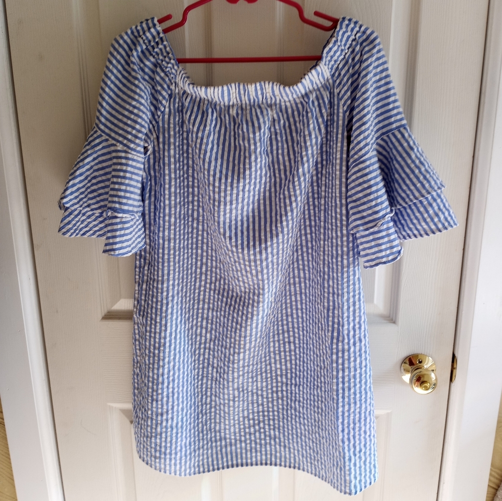 Ces Femme Strapless Blue Dress with ruffled sleeves